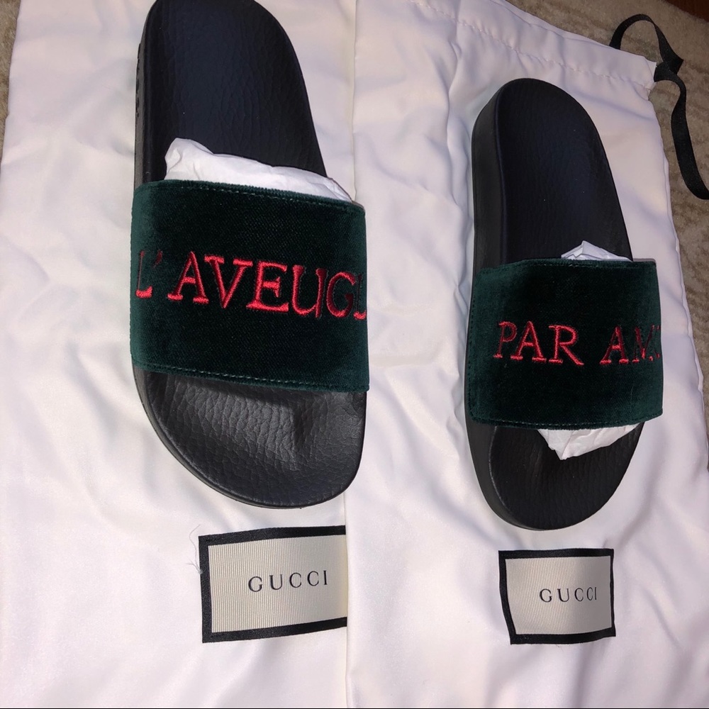 Green Velvet Gucci Flip Flops